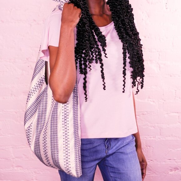 Eva Franco Gold Stripe Denim Oversized Tote Bag - Picture 2 of 6